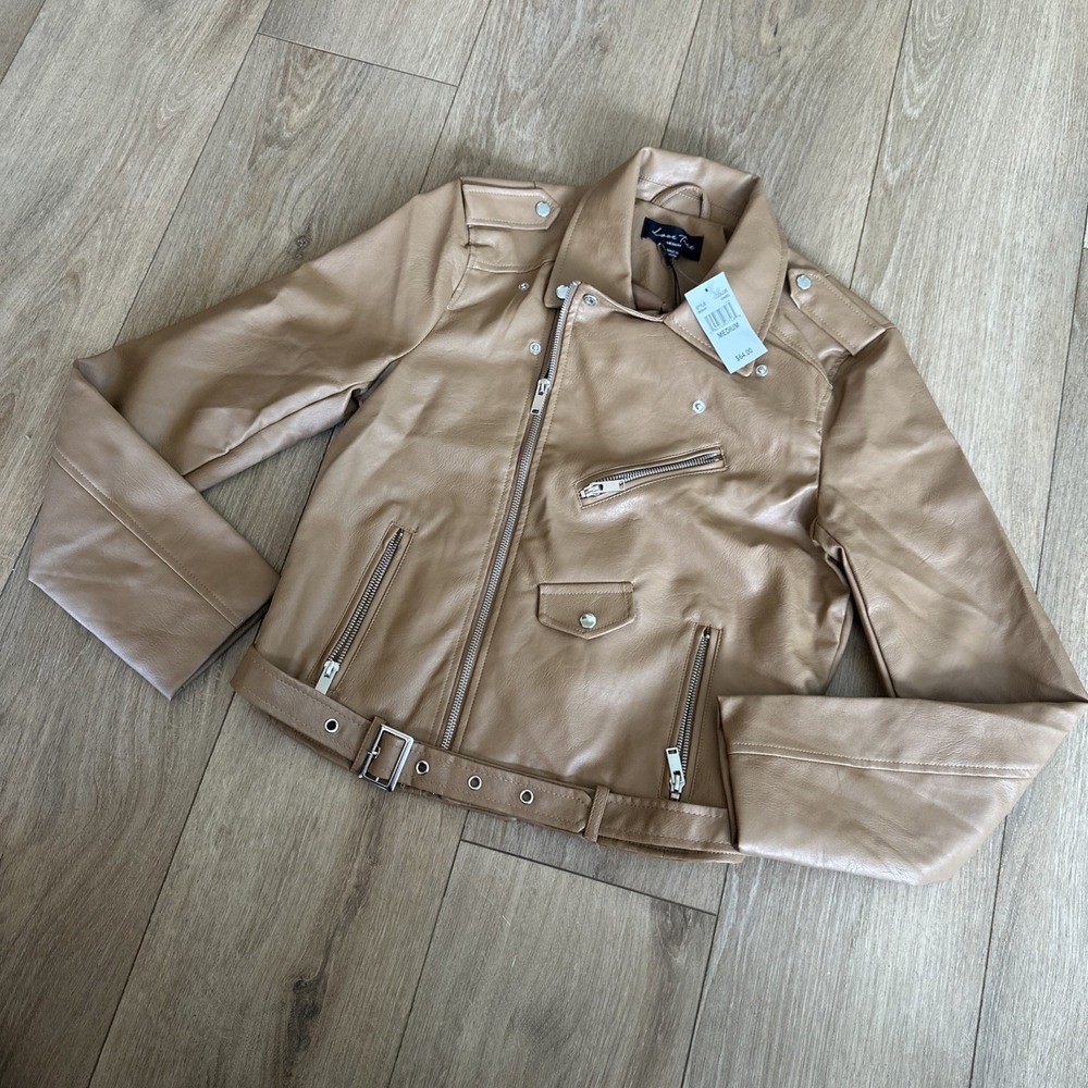 Love Tree Camel Faux Leather Biker Moto Jacket 8654JH Tan Belted Zip Up‎ Medium